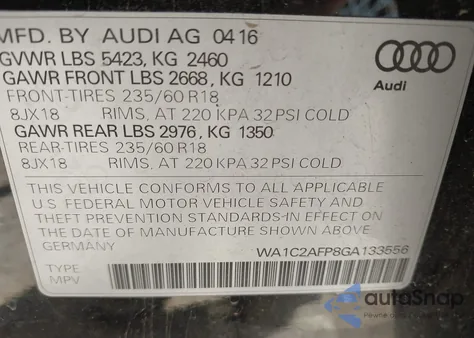 2016 Audi Q5 2.0T Premium from USA, damaged, VIN WA1C2AFP8GA133556